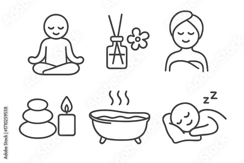 Relaxation spa icon set. Minimalist vector line art of meditation, sleep, aromatherapy, and hot stone massage. Wellness, self-care, and mindfulness concept illustrations.