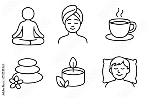 Relaxation line icon set. Spa, meditation, and self-care elements. Minimalist vector doodles of yoga, zen stones, aromatherapy candle, hot tea, and sleep. Wellness concept.