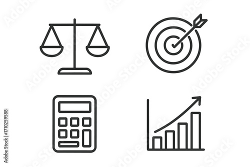 Business and finance line icon set with scales of justice, target goal, calculator, and growth chart. Concepts for law, balance, success, budget, and data analytics. Minimal vector.