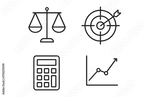 Business goals and finance line icon set. Includes scales for justice, target for strategy, calculator for budget, and growth chart for analytics. Minimal vector pictograms.