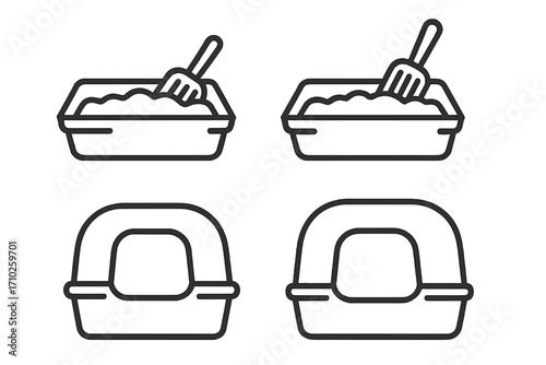 Set of simple linear cat litter box icons with scoop and covered options, cat care symbols, pet hygiene design, vector cartoon illustration, transparent background, ordered set