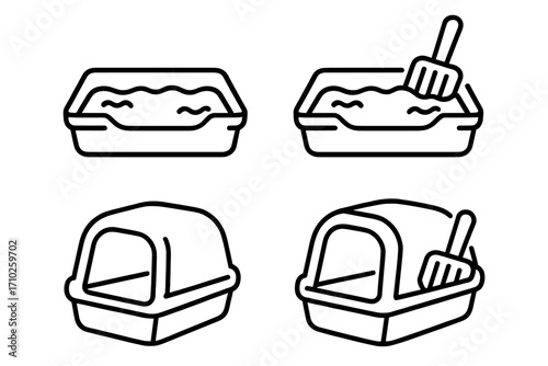 Set of minimalist linear cat litter box icons with scoop, open and covered designs, pet hygiene essentials, vector cartoon illustration, transparent background, ordered collection