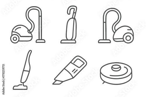 Set of six minimalist vacuum cleaner icons, linear style vector illustration with transparent background, vacuum types collection, home cleaning appliances, modern design set