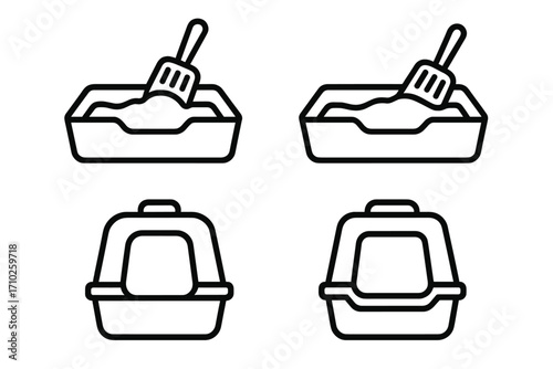 Set of simple linear cat litter box icons with scoop and covered options, vector cartoon illustration, minimal pet care symbols, transparent background, ordered set