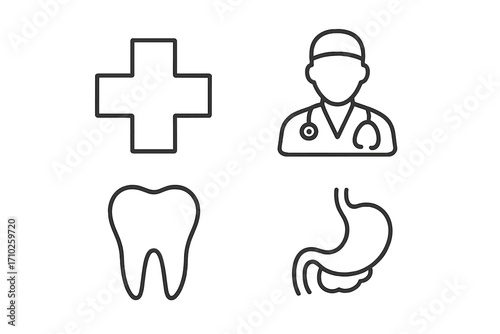Minimalistic Line Icons Set of Medical Cross, Doctor, Tooth, and Internal Organs, Editable Stroke Healthcare Pictograms for Clinic Cards, Apps, Banners, and Posts Design