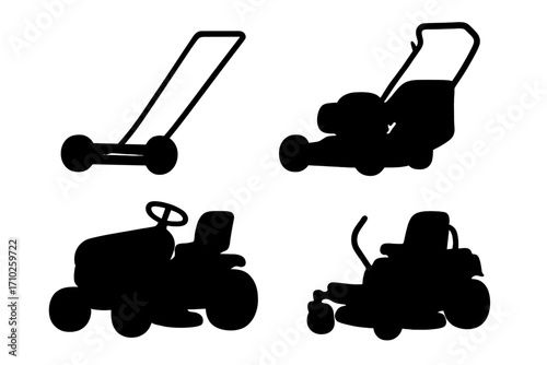 Silhouette set of lawn and garden mowers for landscaping equipment designs vector cartoon illustration with transparent background ordered set for outdoor lawn maintenance and gardening