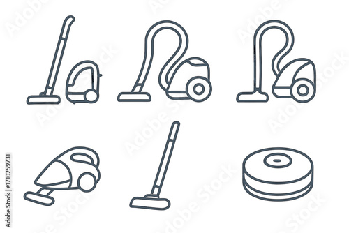 Minimalist vacuum cleaner icons set, linear style vector illustration with transparent background, six clean modern vacuum designs, household cleaning tools collection