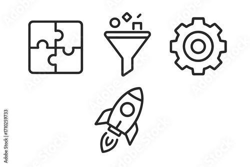 Simple linear illustration of data analytics and processing with puzzle pieces, funnel filter, gear cogwheel, and spaceship rocket icons for modern app and web design