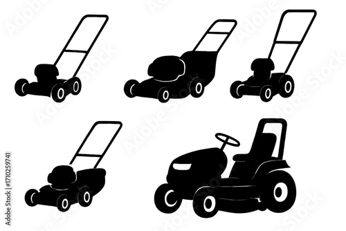 Silhouette set of lawn mowers and garden mowing equipment for landscaping tools design, vector cartoon illustration with transparent background, ordered collection of mowing machines