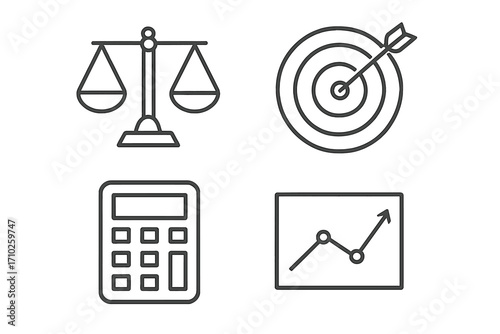 Minimalist linear icons set with scales, dart target with arrow, calculator, and rising graph chart. Editable stroke business symbols for design, apps, cards, banners, posts, vector