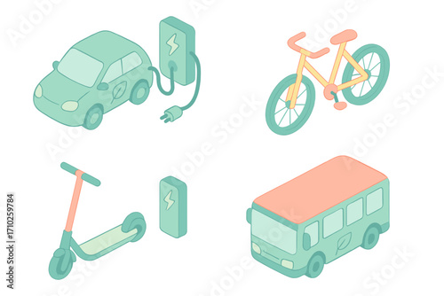 Sustainable urban mobility icons set in pastel isometric style, vector cartoon illustration of electric car charging, e-scooter, bicycle, and eco-friendly bus with transparent background