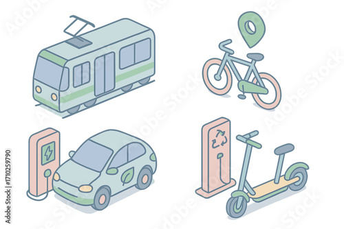 Sustainable urban mobility icons in pastel isometric style, green transportation illustration with electric car, bike, scooter, tram, eco-friendly transport vector set