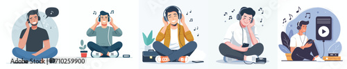 vector of a man sitting on the floor listening to music on headphones