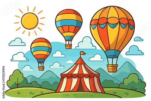 Whimsical cartoon hot air balloons floating over scenic landscape with colorful circus tent, bright sunshine, clear sky, fluffy clouds, mountains, green hills, outdoor festival vector illustration