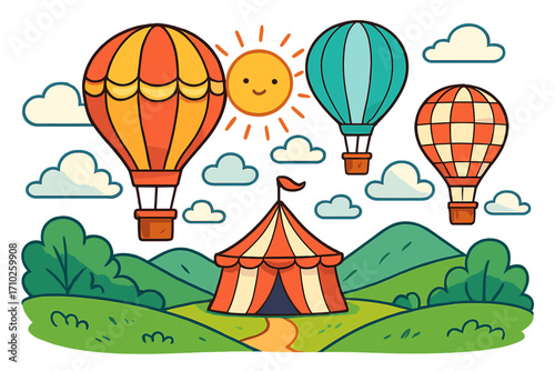 Whimsical colorful hot air balloons flying over scenic green hills landscape with circus tent, smiling sun, and fluffy clouds, vector cartoon illustration set
