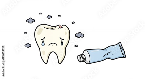 Sad tooth with toothpaste