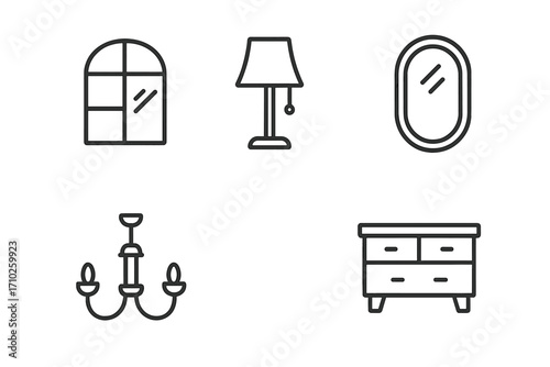 Window lamp mirror dresser chandelier thin line icons collection, editable stroke vector set for web design, apps, cards, books, home decor furniture elements