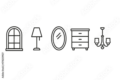 Window, lamp, mirror, dresser, chandelier thin line icons collection, editable stroke vector illustration for web, app, card, book design, home decor symbols