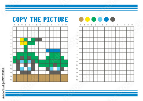 Copy the picture grid drawing worksheet for kids. Pixel art scooter