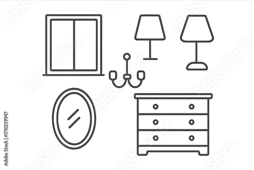 Window, lamp, mirror, dresser, chandelier outline icons collection. Simple linear furniture and home decor symbols, editable stroke, perfect for web, apps, cards, books design