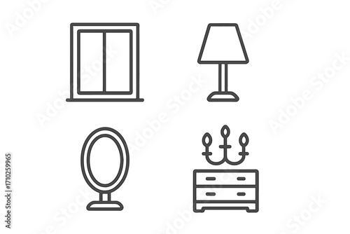 Minimalist outline icons of window, lamp, oval mirror, dresser with chandelier, simple linear home decor symbols, editable stroke vector collection for websites and apps