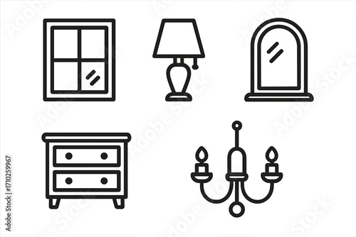 Window lamp mirror dresser chandelier icon set, editable stroke vector illustration for home decor, furniture design, interior elements, web sites, apps, books, cards, editable line art symbols