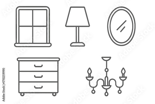 Window, lamp, mirror, dresser, chandelier set of thin line icons with editable strokes, modern home decor symbols for websites, apps, books, cards, vector cartoon illustration