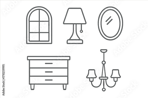 Set of thin line icons for home interior design including window, lamp, mirror, dresser, chandelier, editable stroke vector illustrations perfect for websites, books, cards, and apps