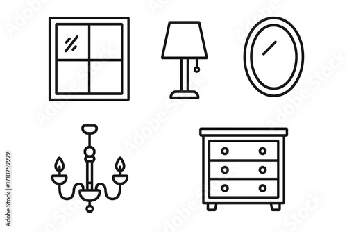 Window, lamp, mirror, dresser, and chandelier icon set, editable stroke, modern interior furniture symbols for web, apps, books, cards, vector cartoon illustration transparent background
