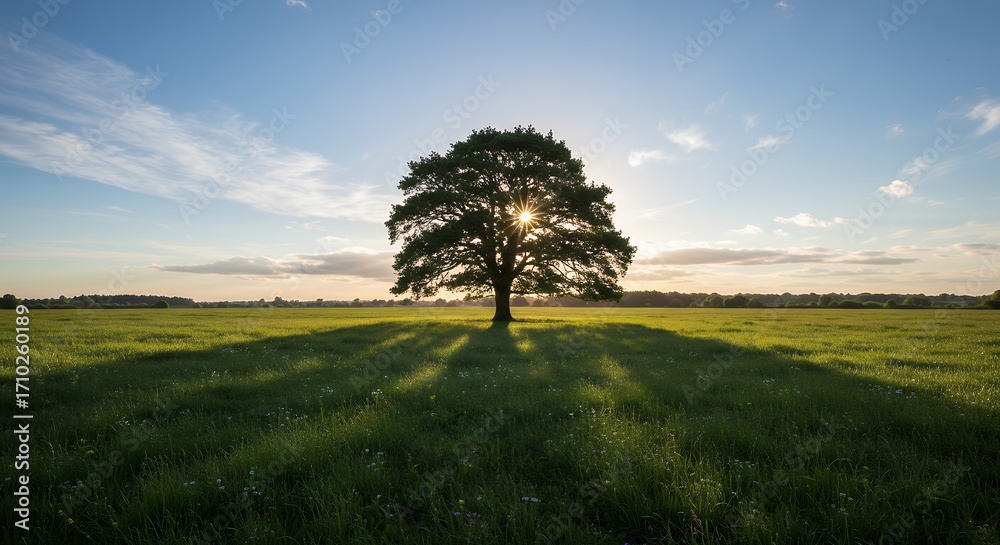 Obraz premium Solitary tree in meadow at sunrise