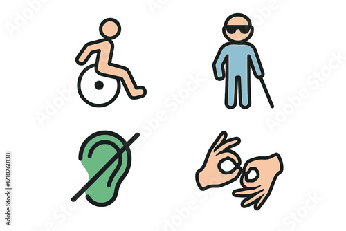 Accessibility icon set for inclusive design. Vector cartoon symbols for disability awareness: wheelchair user, blind person, deaf sign, and hands using sign language.