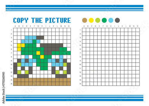 Copy the picture grid drawing worksheet for kids. Pixel art motorcycle
