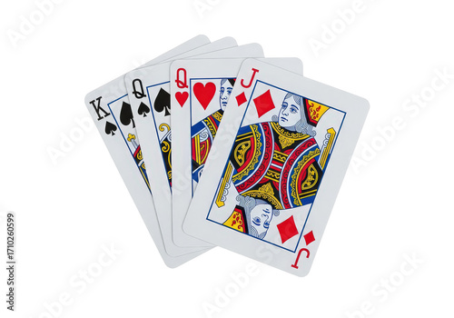 A hand of playing cards featuring the King, Queen, and Jack of spades and hearts on a white background