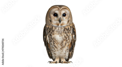 Isolated, tawny owl portrait against a neutral background, showing plumage and large eyes