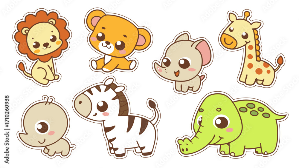 Fototapeta premium Cute Baby Jungle Animal Sticker Set | Kawaii Lion Cub, Tiger Cub, Elephant, Monkey, Zebra, Giraffe, Hippo, Parrot, Crocodile | Cartoon Vector Icons Pack for Kids