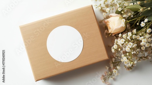 Kraft box with floral arrangement, white circle label, delicate daisy flowers, soft peach rose, elegant gift packaging for celebrations.