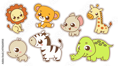 Cute Baby Jungle Animal Sticker Set | Kawaii Lion Cub, Tiger Cub, Elephant, Monkey, Zebra, Giraffe, Hippo, Parrot, Crocodile | Cartoon Vector Icons Pack for Kids
