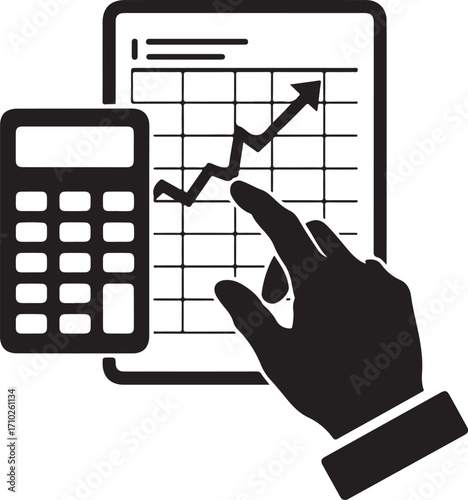 Hand using calculator and analyzing financial chart