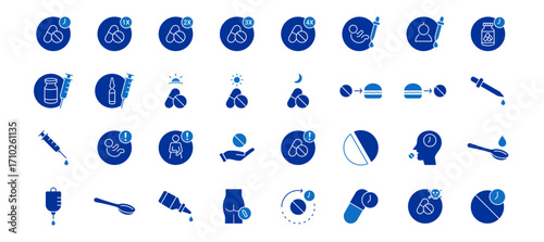 Medicine icon set containing dosage, daily dosage, dosing interval, dosage for children and baby, dosing schedule, single dose and multiple-dose, and toxic dose vector icons