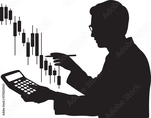 Silhouette of man with calculator and stock market chart
