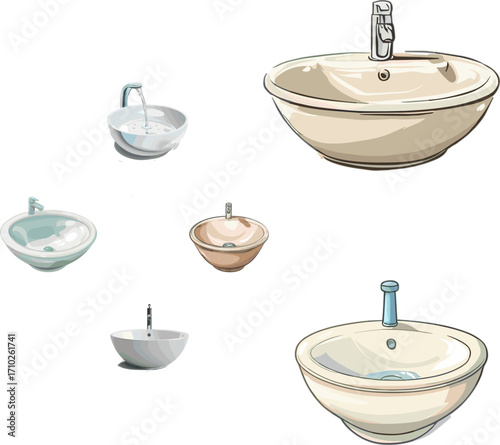 basin set in color style and no background, kitchen appliances set in color style
