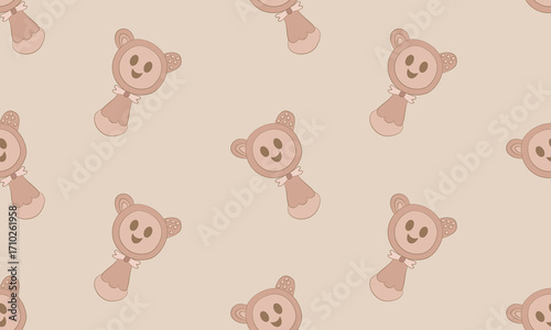 Seamless Baby Rattle with Bear Design Hand drawn Cute Pastel Nursery Pattern
