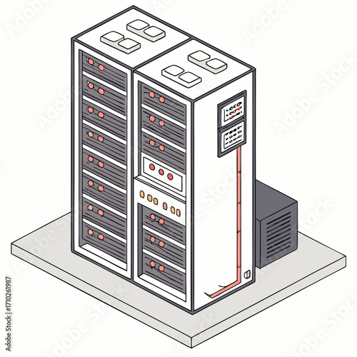 Isometric data server rack illustration with network equipment