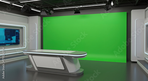 Modern TV Studio Set with Green Screen and Desk news broadcast presenter background virtual background 3D rendering television
