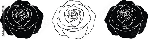 Rose flower silhouette vector, black and white floral illustration, decorative blossom icon, abstract rose design, romantic botanical graphic, elegant outline art
