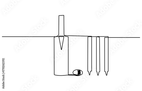 Continuous one line Art drawing cricket bat, ball, and wicket ca[ stumps isolated on white. Set equipment for cricket game. with white background