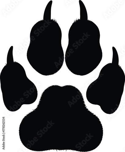 Black paw print, possibly belonging to a dog, wolf, or other canine, showcasing its distinct shape and pads