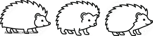 Three hedgehogs, showing different poses, from curled up to walking, representing the animals behavior and movement