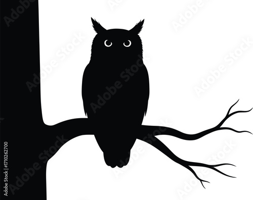 A majestic owl perched a branch, its golden eyes gleaming in the darkness, the owl is a symbol of wisdom