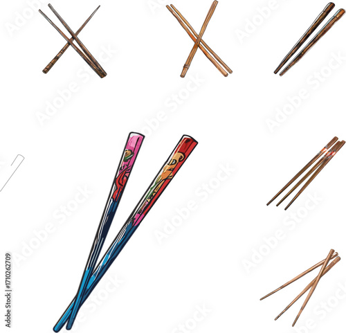 chopsticks set in color style, kitchen appliances set in color style and no background